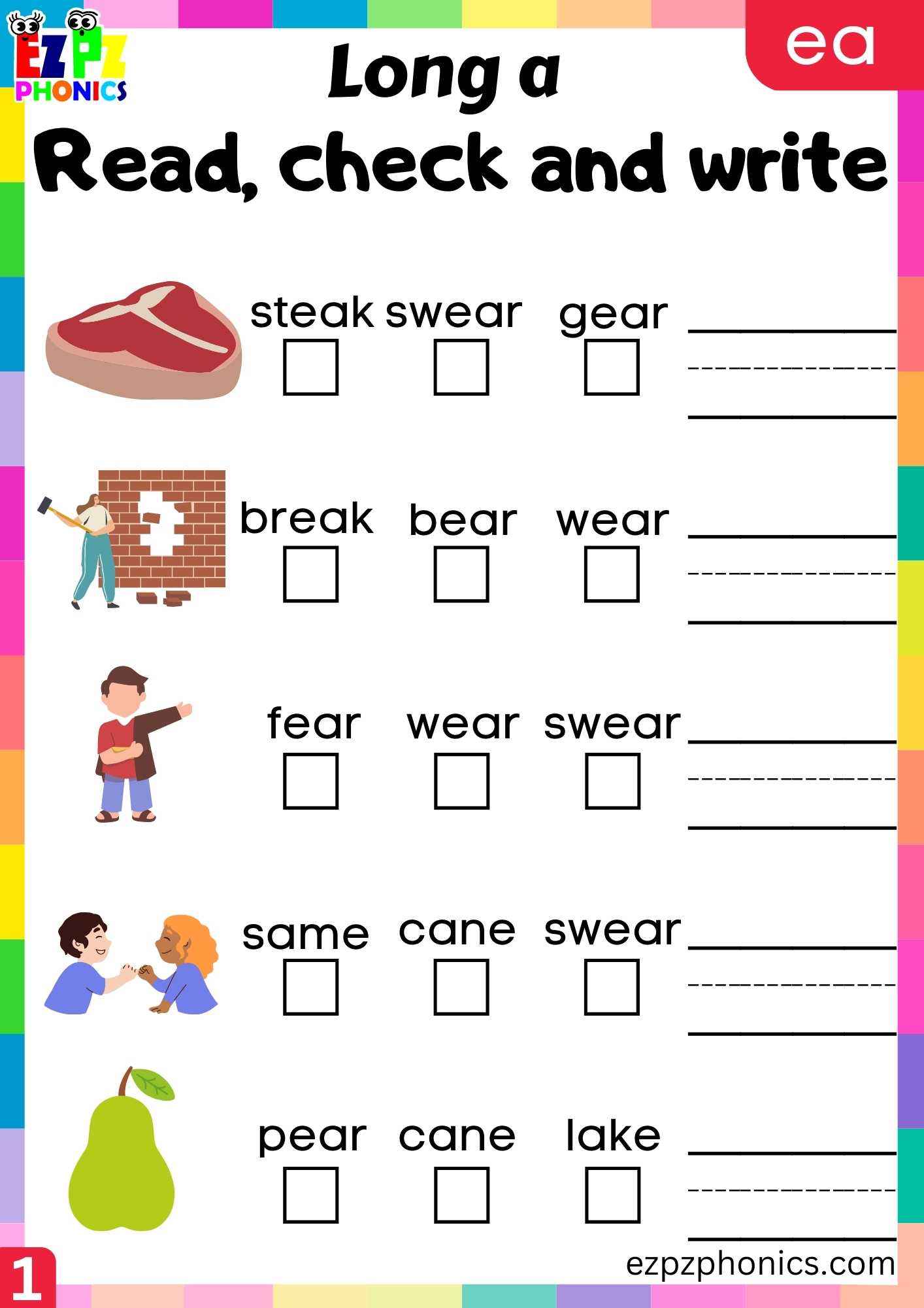 EA Words Read, Check And Write Long A Phonics Worksheet